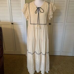 See and Be Seen Cotton Lined Gauzy Boho Cream Dress with Black Accents Size L